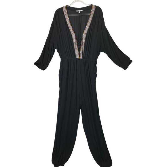 BCBG Black Embroidered Jumpsuit Large Boho Hippie Casual Gypsy Sexy Coastal Cute - Picture 3 of 7